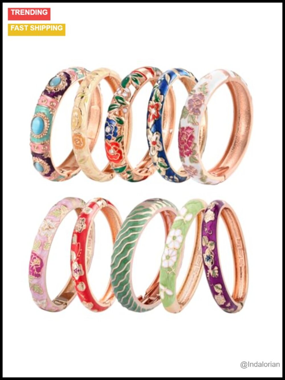Set of 10 Cloisonne Enamel Bangle Bracelets Flower Engraved Alloy Gift Boxed